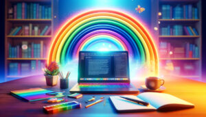 DALL·E 2024-06-04 15.14.06 – A vibrant 3D image for a copywriting blog article with a rainbow theme. Show a desk with a laptop, a notepad, and a coffee cup. The laptop screen disp