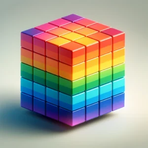 DALL·E 2024-09-18 14.12.59 – A 3×3 rainbow-colored cube with vibrant gradient colors on each smaller block. The cube should have a sleek, modern 3D appearance with each side displ